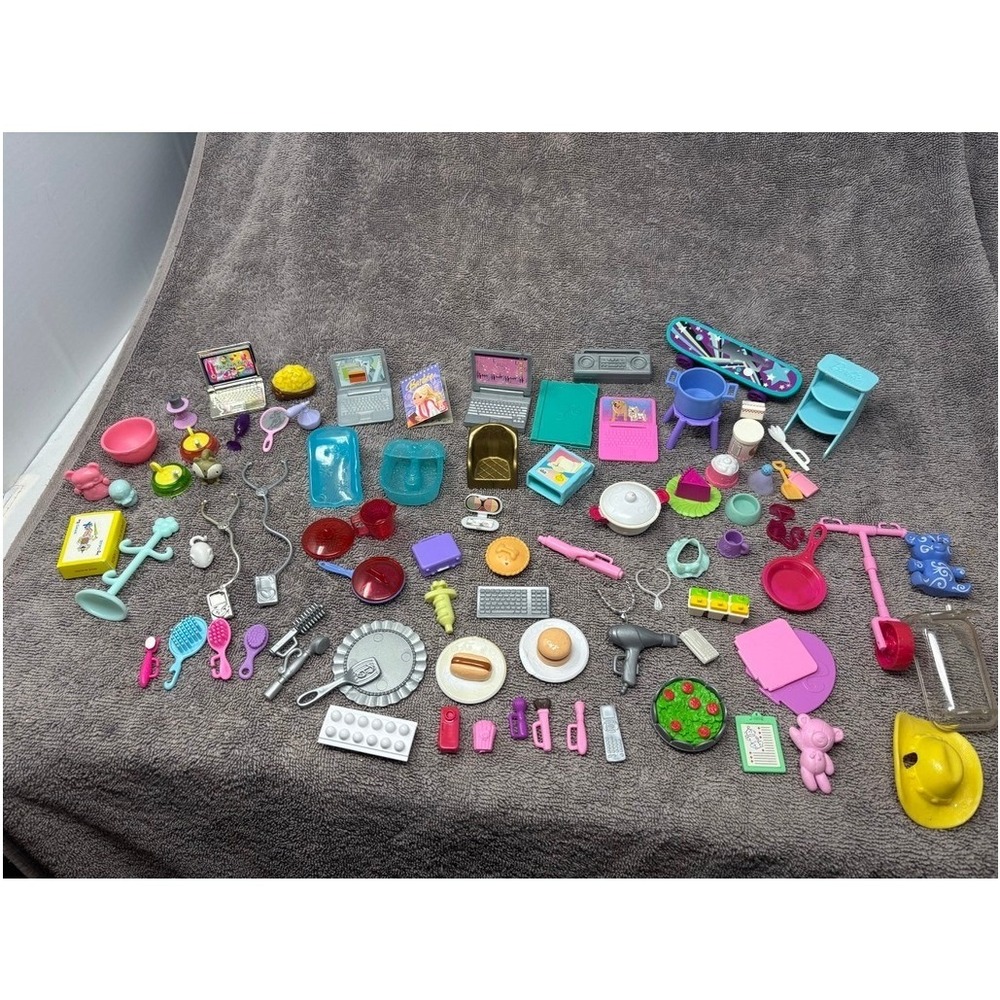 Barbie Doll Accessories Lot Pink Blue Mixed Food Electronics Medical Tools 60pc